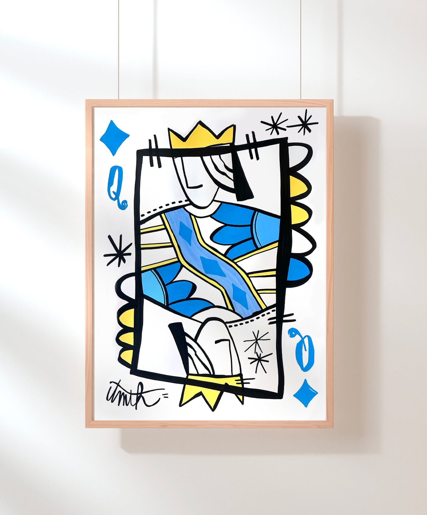 REINE DE CARREAU - BLEU CIEL - ENCADRÉE 50X70CM