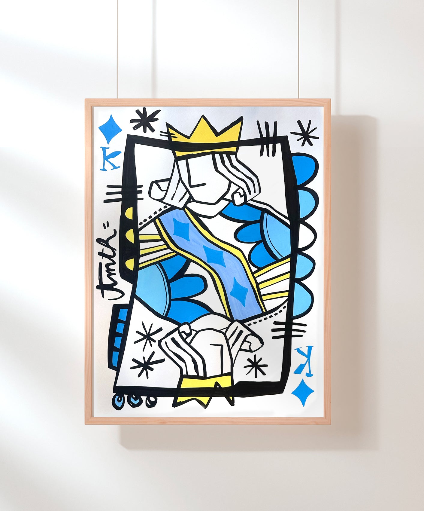 ROI DE CARREAU - BLEU CIEL - ENCADRÉE 50X70CM