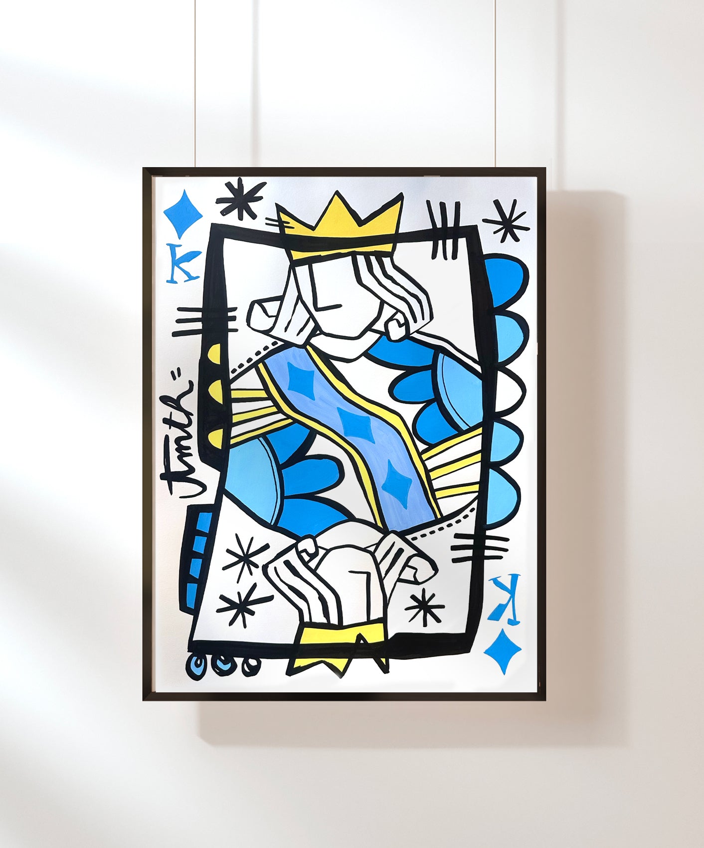 ROI DE CARREAU - BLEU CIEL - ENCADRÉE 50X70CM