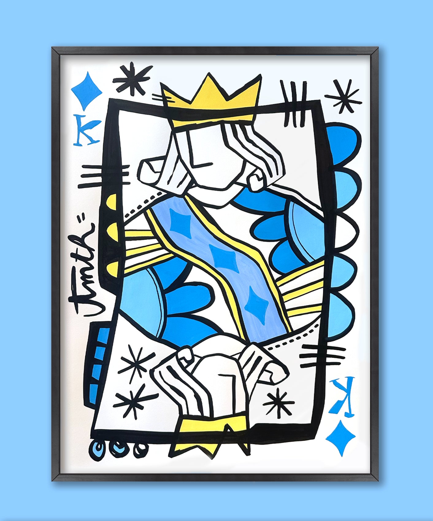 ROI DE CARREAU - BLEU CIEL - ENCADRÉE 50X70CM