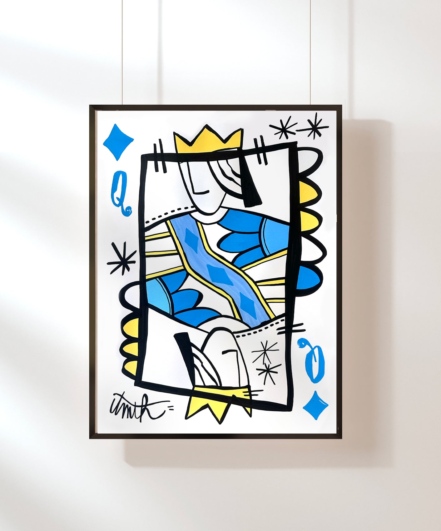 REINE DE CARREAU - BLEU CIEL - ENCADRÉE 50X70CM