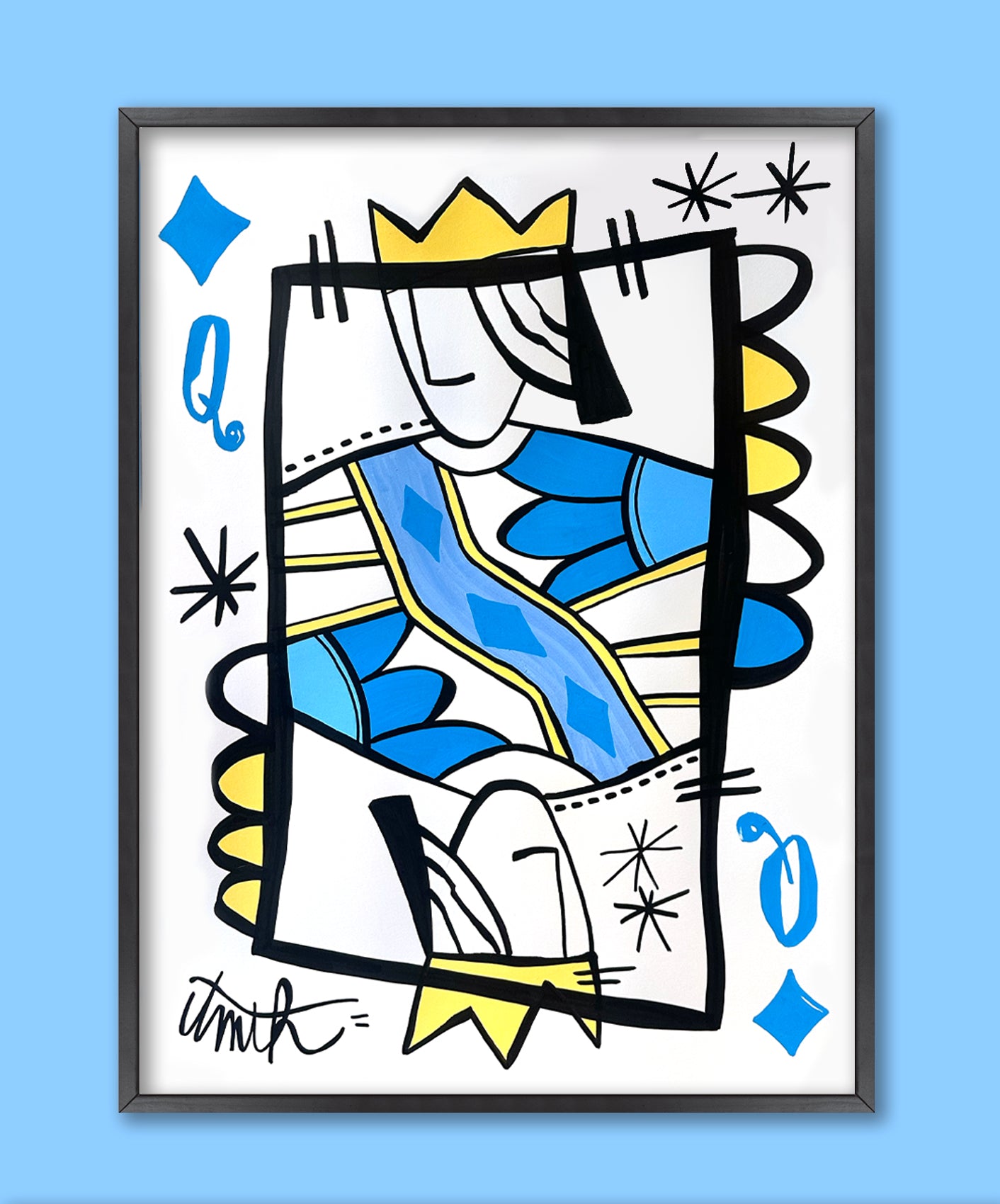 REINE DE CARREAU - BLEU CIEL - ENCADRÉE 50X70CM