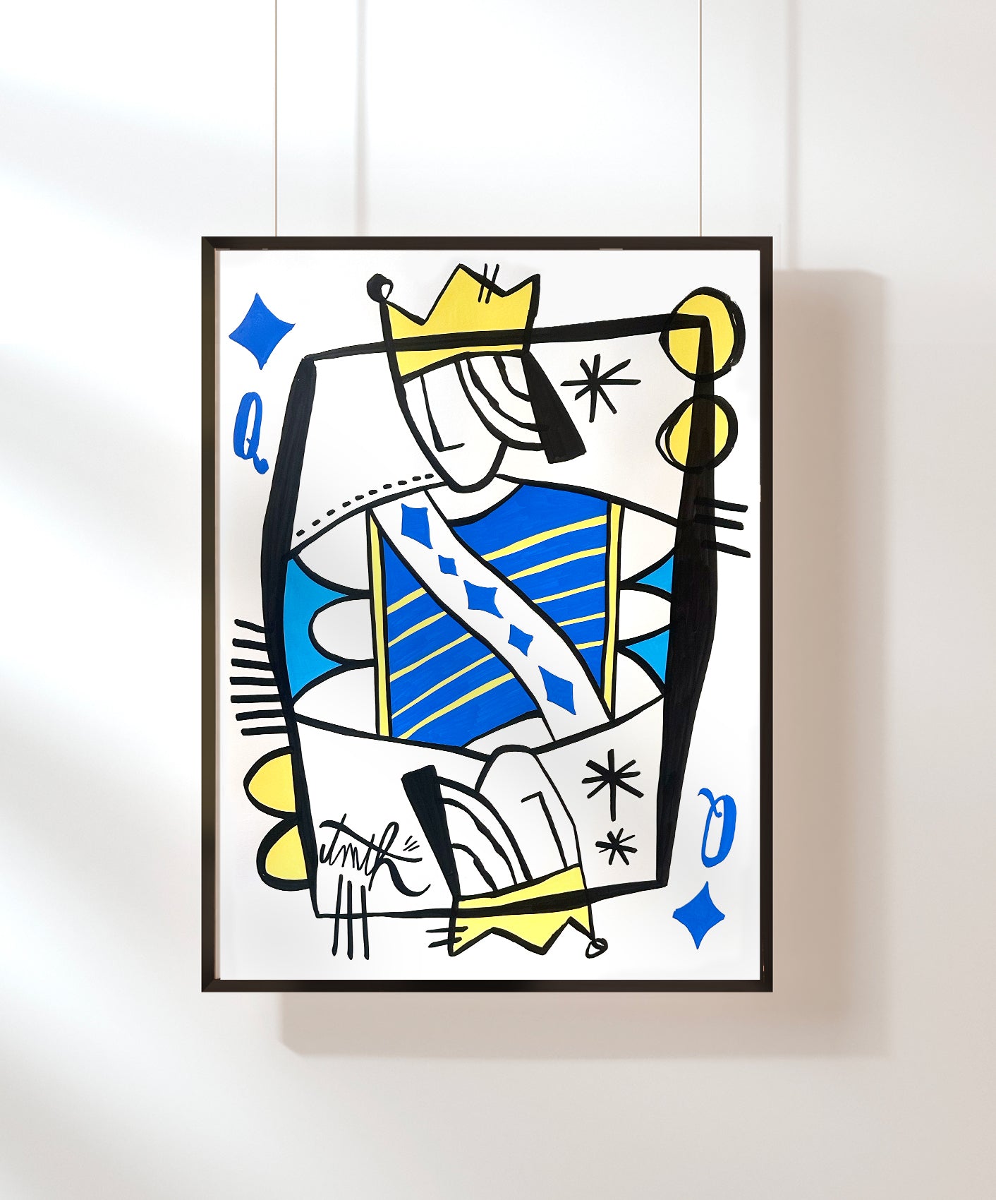 REINE DE CARREAU - BLEU FONCÉ - ENCADRÉE 50X70CM
