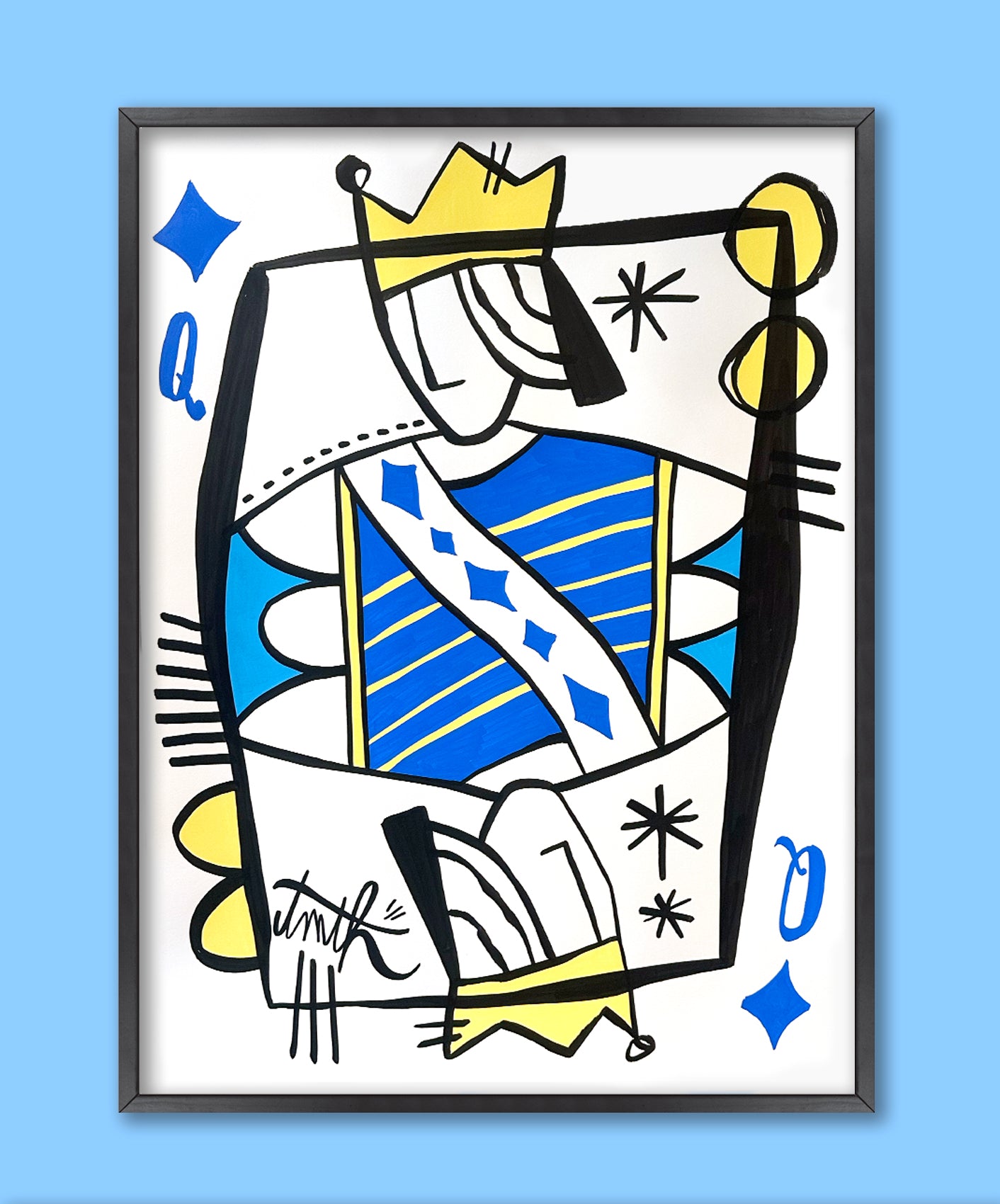 REINE DE CARREAU - BLEU FONCÉ - ENCADRÉE 50X70CM